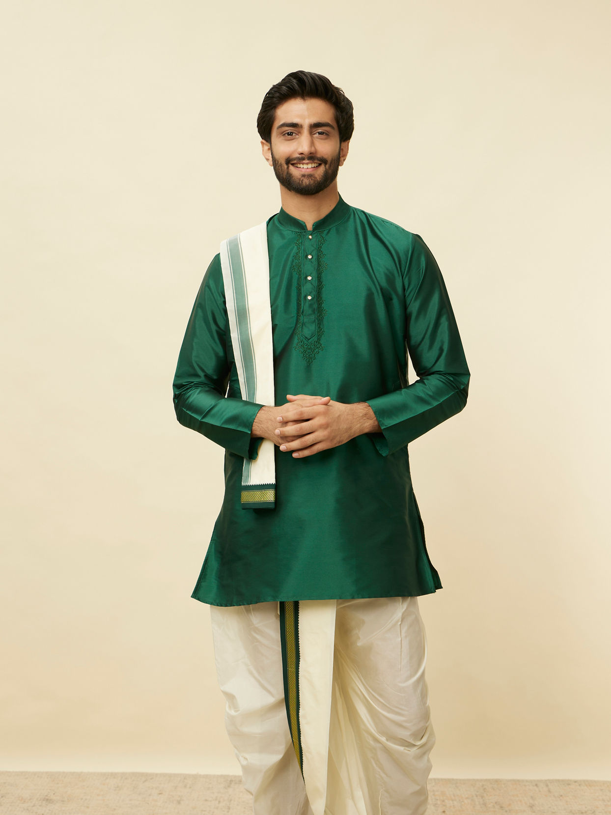 alt message - Manyavar Men Forest Green and Cream Zari Detailed Traditional South Indian Dhoti Set image number 0